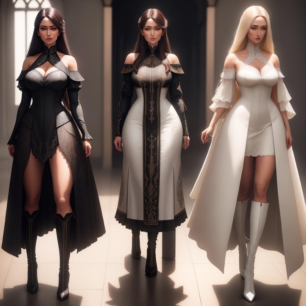  In this stunning artwork, three girls are depicted from the front, wearing outfits with wider necklines and high boots. The realistic style adds a touch of authenticity to this masterpiece. The image is of the best quality, with high detailed and ultra-detailed elements, and is in 8k resolution. hyperrealistic, full body, detailed clothing, highly detailed, cinematic lighting, stunningly beautiful, intricate, sharp focus, f/1. 8, 85mm, (centered image composition), (professionally color graded), ((bright soft diffused light)), volumetric fog, trending on instagram, trending on tumblr, HDR 4K, 8K
