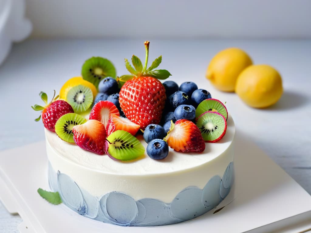  An ultradetailed image of a variety of vibrant fresh fruits neatly arranged on a sleek, modern, white marble countertop. The fruits include juicy strawberries, ripe blueberries, succulent raspberries, and tangy slices of kiwi, showcasing their natural colors and textures in stunning clarity. The minimalistic composition focuses on the organic beauty of the fruits, emphasizing their role as key ingredients in vegan baking. hyperrealistic, full body, detailed clothing, highly detailed, cinematic lighting, stunningly beautiful, intricate, sharp focus, f/1. 8, 85mm, (centered image composition), (professionally color graded), ((bright soft diffused light)), volumetric fog, trending on instagram, trending on tumblr, HDR 4K, 8K