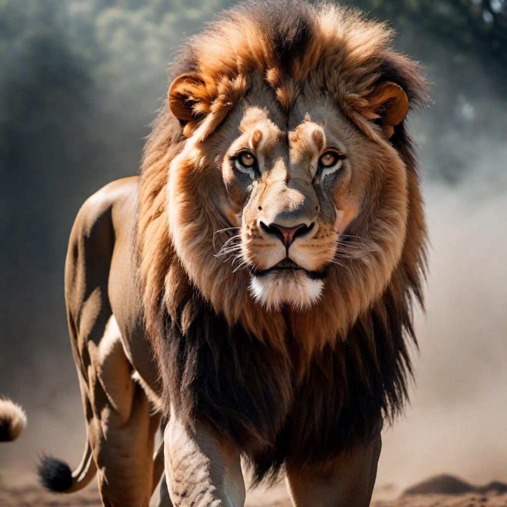  A powerful male lion engaged in a wrestling match, showcasing strength and agility in the wild. hyperrealistic, full body, detailed clothing, highly detailed, cinematic lighting, stunningly beautiful, intricate, sharp focus, f/1. 8, 85mm, (centered image composition), (professionally color graded), ((bright soft diffused light)), volumetric fog, trending on instagram, trending on tumblr, HDR 4K, 8K