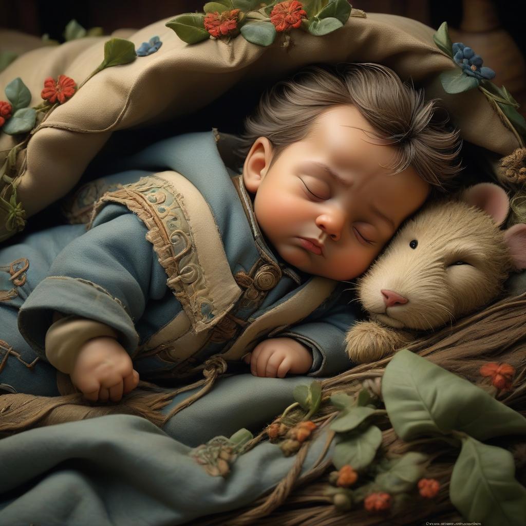  sleeping baby, nose buried in a pillow, extremely detailed, beautiful, in the style of Jean Baptiste Monge hyperrealistic, full body, detailed clothing, highly detailed, cinematic lighting, stunningly beautiful, intricate, sharp focus, f/1. 8, 85mm, (centered image composition), (professionally color graded), ((bright soft diffused light)), volumetric fog, trending on instagram, trending on tumblr, HDR 4K, 8K