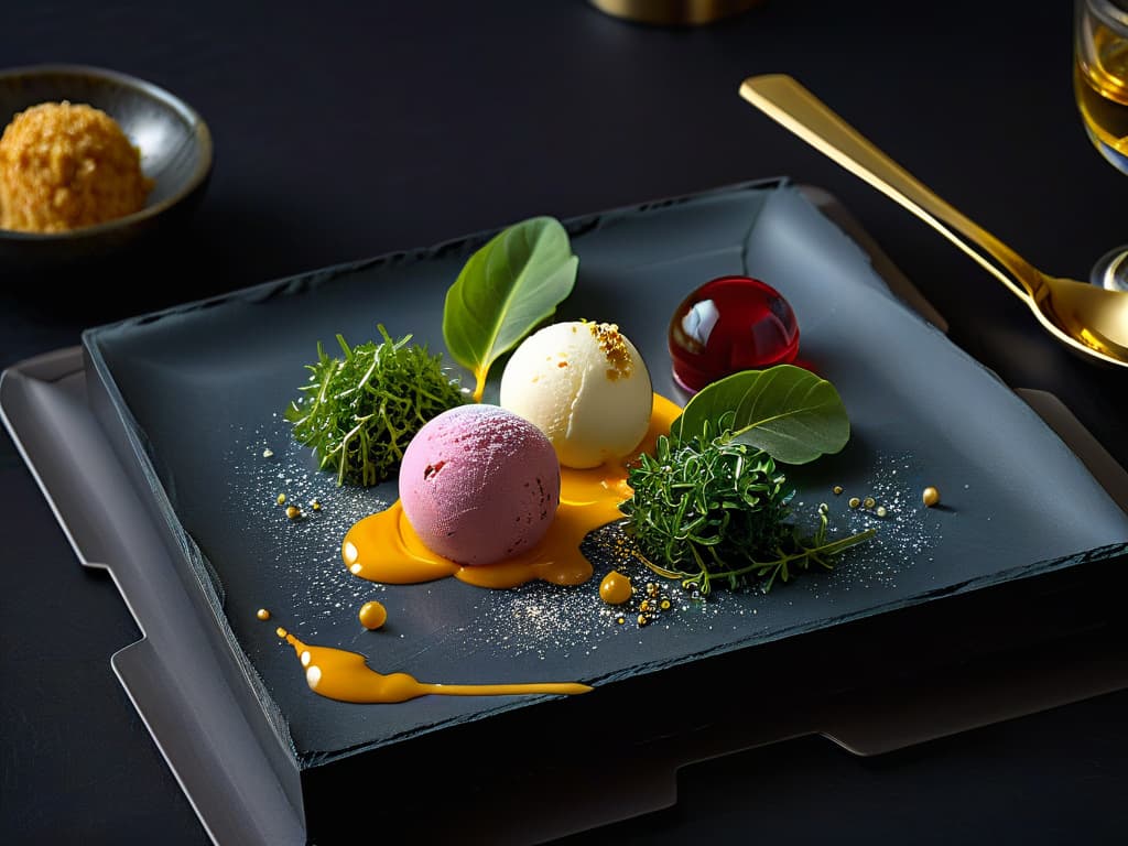  An ultradetailed image of a futuristic, minimalistic dessert plate presentation featuring a delicate, glossy sphere of molecular gastronomy ice cream balanced on a shimmering metallic spoon, surrounded by microgreens dusted with edible gold flakes and artistically drizzled sauces in vibrant colors. The background is a sleek, black slate surface reflecting the soft, ambient lighting from above, creating an elegant and visually striking composition that epitomizes the cuttingedge world of multisensory desserts. hyperrealistic, full body, detailed clothing, highly detailed, cinematic lighting, stunningly beautiful, intricate, sharp focus, f/1. 8, 85mm, (centered image composition), (professionally color graded), ((bright soft diffused light)), volumetric fog, trending on instagram, trending on tumblr, HDR 4K, 8K