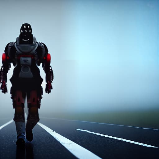 nousr robot man walking in a foggy endless road...