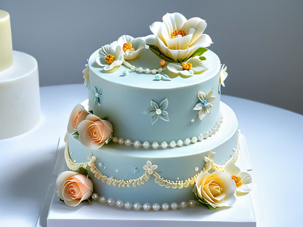  A closeup, ultradetailed image of a beautifully decorated threetiered cake, featuring intricate piping work, delicate fondant flowers, and shimmering edible pearls. The cake is elegantly displayed on a sleek, white marble tabletop, with soft, natural lighting highlighting every exquisite detail of the stunning dessert masterpiece. hyperrealistic, full body, detailed clothing, highly detailed, cinematic lighting, stunningly beautiful, intricate, sharp focus, f/1. 8, 85mm, (centered image composition), (professionally color graded), ((bright soft diffused light)), volumetric fog, trending on instagram, trending on tumblr, HDR 4K, 8K