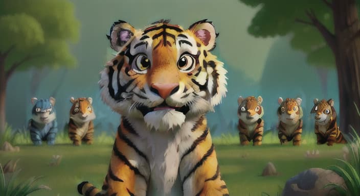  {The tiger smiling brightly, with a group of animals standing by his side, ready for any adventure., His eyes gleam with contentment, a sense of belonging radiating from his demeanor.