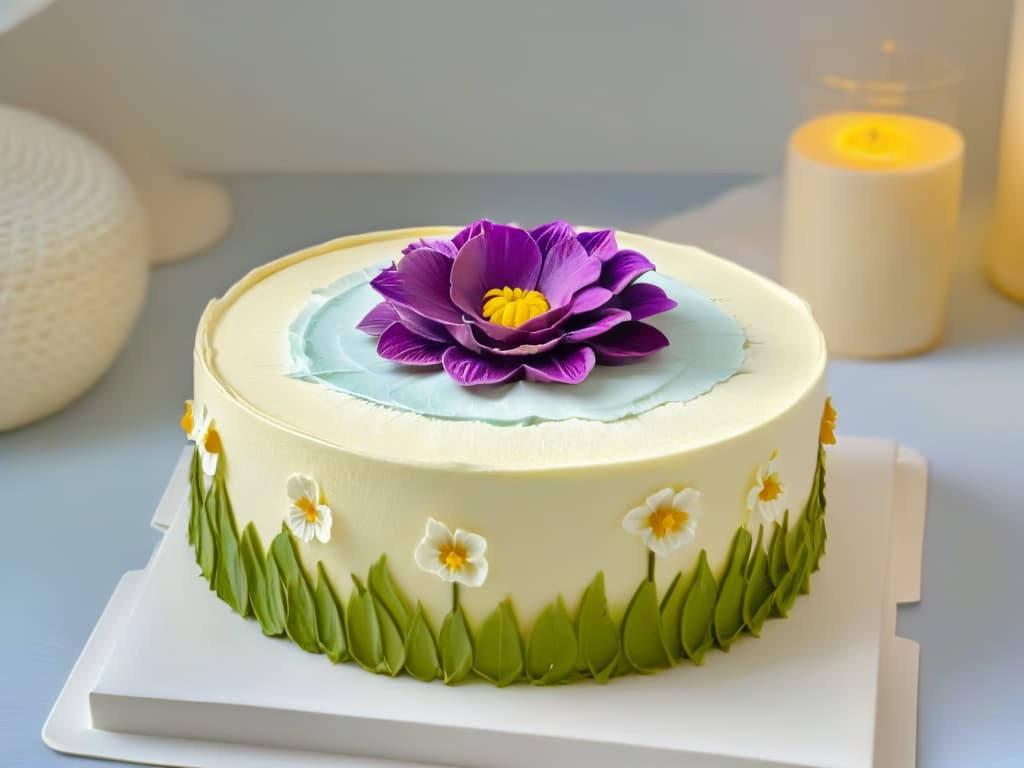  An intricately designed, minimalist cake made entirely of recycled and sustainable ingredients. The cake is adorned with delicate edible flowers and intricate icing details, showcasing the beauty and creativity of sustainable baking techniques. The image is captured in high resolution, highlighting the fine textures and craftsmanship of the dessert. hyperrealistic, full body, detailed clothing, highly detailed, cinematic lighting, stunningly beautiful, intricate, sharp focus, f/1. 8, 85mm, (centered image composition), (professionally color graded), ((bright soft diffused light)), volumetric fog, trending on instagram, trending on tumblr, HDR 4K, 8K