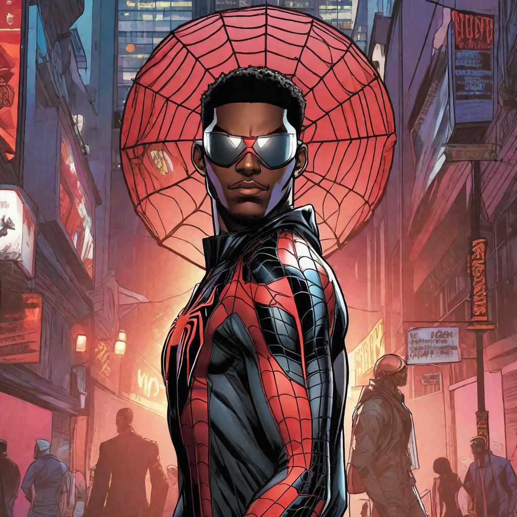  miles morales, spiderman, marvel comic panel, comic panel, manga and manhwa style panel, portrait, young person face, spiderverse style, style for marvel comic, anime comic panel style hyperrealistic, full body, detailed clothing, highly detailed, cinematic lighting, stunningly beautiful, intricate, sharp focus, f/1. 8, 85mm, (centered image composition), (professionally color graded), ((bright soft diffused light)), volumetric fog, trending on instagram, trending on tumblr, HDR 4K, 8K