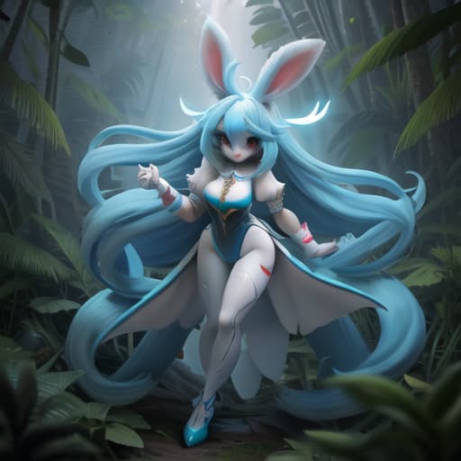  She is an anthropomorphic furry female rabbit, cyan in color, with red ears on top, and black eyes with white irises. It has a humanoid body. In the jungle with a wild pose. with light blue sports clothing with white stripes, with a 60 in the middle. a little skinny and with waist hyperrealistic, full body, detailed clothing, highly detailed, cinematic lighting, stunningly beautiful, intricate, sharp focus, f/1. 8, 85mm, (centered image composition), (professionally color graded), ((bright soft diffused light)), volumetric fog, trending on instagram, trending on tumblr, HDR 4K, 8K