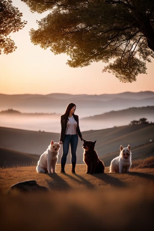  Sunset and cute dogs hyperrealistic, full body, detailed clothing, highly detailed, cinematic lighting, stunningly beautiful, intricate, sharp focus, f/1. 8, 85mm, (centered image composition), (professionally color graded), ((bright soft diffused light)), volumetric fog, trending on instagram, trending on tumblr, HDR 4K, 8K