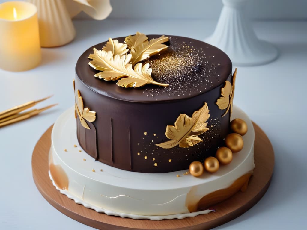  A closeup, ultradetailed image of a delicate, handpainted gold leaf design on a decadent chocolate cake, showcasing intricate brush strokes and shimmering details that highlight the luxurious use of edible paint in dessert decoration. hyperrealistic, full body, detailed clothing, highly detailed, cinematic lighting, stunningly beautiful, intricate, sharp focus, f/1. 8, 85mm, (centered image composition), (professionally color graded), ((bright soft diffused light)), volumetric fog, trending on instagram, trending on tumblr, HDR 4K, 8K