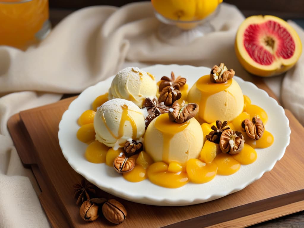  A photorealistic image of a scoop of creamy quince and walnut ice cream elegantly placed on a rustic wooden serving dish, garnished with a drizzle of golden honey, crushed walnuts, and a slice of fresh quince fruit. The backdrop showcases a cozy autumn setting with fallen leaves scattered around, enhancing the warm and inviting feel of the dessert. The intricate details of the smooth ice cream texture, glistening honey, and vibrant colors of the quince fruit create a visually captivating and appetizing scene that complements the article's theme of a cold, autumn heartwarming treat. hyperrealistic, full body, detailed clothing, highly detailed, cinematic lighting, stunningly beautiful, intricate, sharp focus, f/1. 8, 85mm, (centered image composition), (professionally color graded), ((bright soft diffused light)), volumetric fog, trending on instagram, trending on tumblr, HDR 4K, 8K