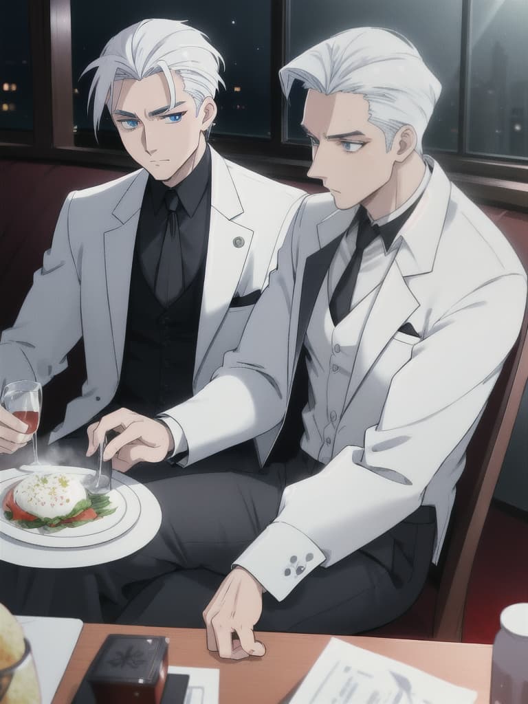  (anime cartoon man), (caucasian ethnicity, pale skin), young, wide body, blue eyes, slicked back hair, white hair, suit and shirt clothing, Wearing a suit and shirt, sitting at the dinner table in a fancy restaurant at night with dim lights  hyperrealistic, full body, detailed clothing, highly detailed, cinematic lighting, stunningly beautiful, intricate, sharp focus, f/1. 8, 85mm, (centered image composition), (professionally color graded), ((bright soft diffused light)), volumetric fog, trending on instagram, trending on tumblr, HDR 4K, 8K