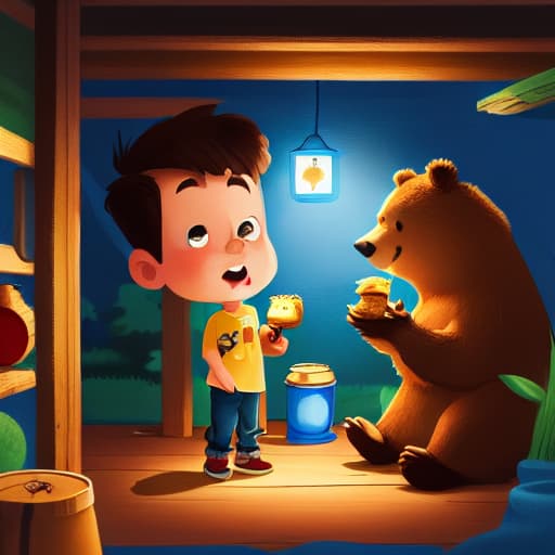  (a boy with short hair and brown shirt and blue jeans) is standing, the bear is sitting and eating honey, in a dimly lit cabin.