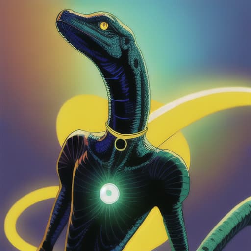  long necked reptile alien, wearing a large choker collar that is glowing mixed colors of yellow and blue