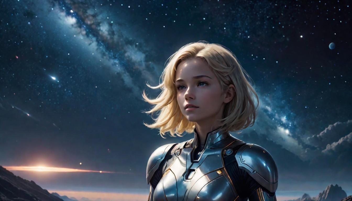  1girl, large busted attractive blonde arian female humanoid, meditating, floating in space among stars, peaceful and serene, high tech clothing clad in sleek, futuristic costume with metallic accents and form fitting designs, marvel superhero comics style, unreal engine rendering