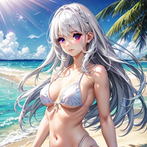  realistic, 1girl, white hair, purple eyes, bikini, beach, light particles, light rays, wallpaper