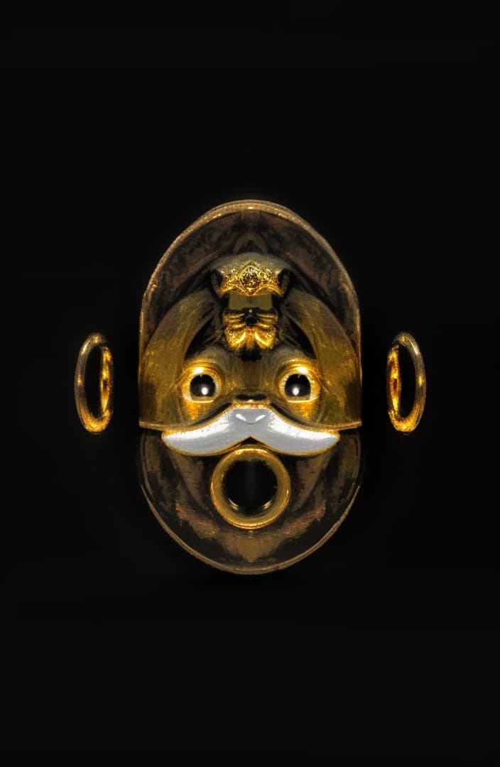  A golden statue of a monkey with a glowing eye and a crescent moon on its forehead, An inverted image of a face with a mustache and beard., hyperrealistic, high quality, highly detailed, perfect lighting, intricate, sharp focus, f/1. 8, 85mm, (centered image composition), (professionally color graded), ((bright soft diffused light)), trending on instagram, HDR 4K, 8K