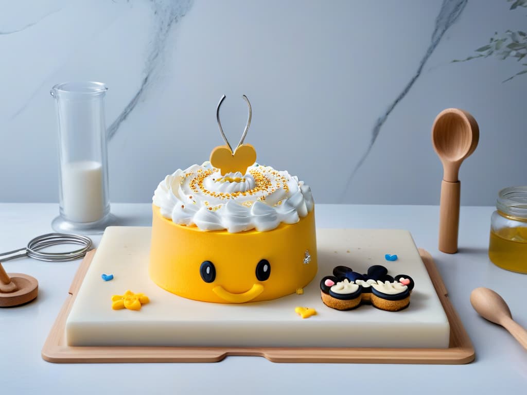  A highresolution image of a sleek, minimalistic Disneythemed baking set displayed on a pristine marble countertop. The set includes a rolling pin, cookie cutters, measuring spoons, and a whisk, all featuring subtle yet unmistakable Disney character motifs like Mickey Mouse ears and Cinderella's glass slipper. The utensils are elegantly arranged with soft, natural lighting casting gentle shadows, enhancing the enchanting and professional aura of the kitchen tools. hyperrealistic, full body, detailed clothing, highly detailed, cinematic lighting, stunningly beautiful, intricate, sharp focus, f/1. 8, 85mm, (centered image composition), (professionally color graded), ((bright soft diffused light)), volumetric fog, trending on instagram, trending on tumblr, HDR 4K, 8K