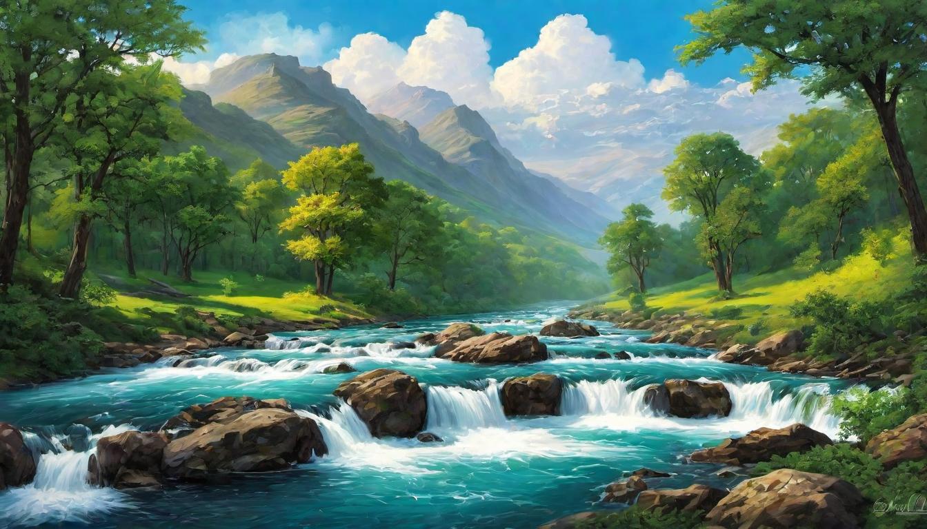  digital painting of Continuity of faith symbolized by a flowing river, linking past, present, and future, bordered by trees representing generations, divine symbolism embedded, eternal stream, legacy unbroken. looking at viewer, dynamic pose, (intricate details, masterpiece, best quality)