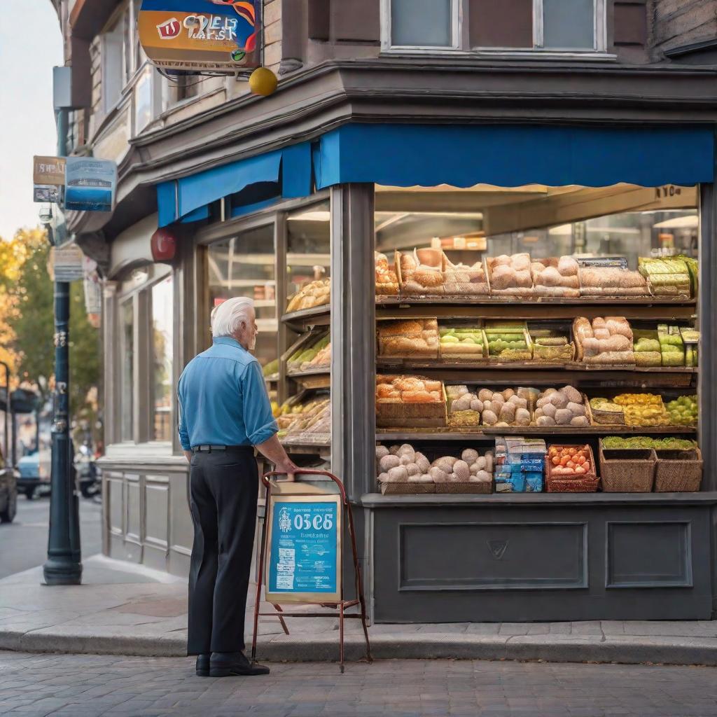  Elderly man with grey hair, clean shaven, blue shirt and black slacks on the sidewalk or street in front of a grocery store, man is facing the grocery store with his back to the camera. View is from the street hyperrealistic, full body, detailed clothing, highly detailed, cinematic lighting, stunningly beautiful, intricate, sharp focus, f/1. 8, 85mm, (centered image composition), (professionally color graded), ((bright soft diffused light)), volumetric fog, trending on instagram, trending on tumblr, HDR 4K, 8K