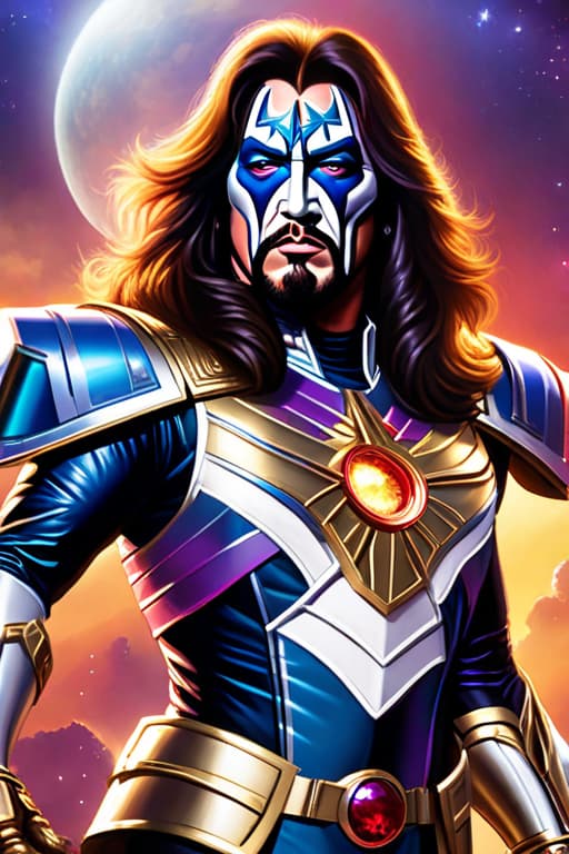  Ace Frehley from KISS as the new herald of Galactus. hyperrealistic, full body, detailed clothing, highly detailed, cinematic lighting, stunningly beautiful, intricate, sharp focus, f/1. 8, 85mm, (centered image composition), (professionally color graded), ((bright soft diffused light)), volumetric fog, trending on instagram, trending on tumblr, HDR 4K, 8K