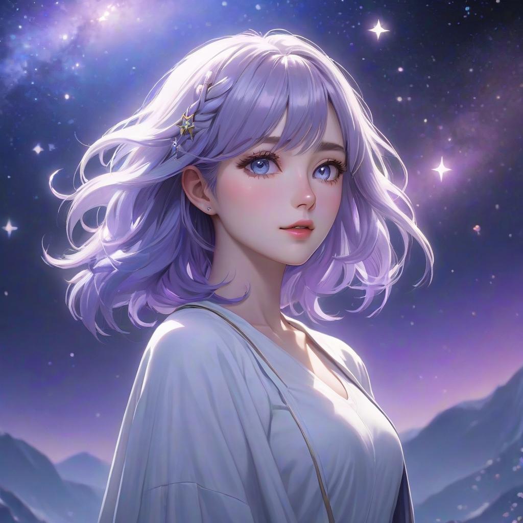  concept art A girl with a care free hairstyle in white color with violet tips, against a backdrop of blue eyed stars. . digital artwork, illustrative, painterly, matte painting, highly detailed hyperrealistic, full body, detailed clothing, highly detailed, cinematic lighting, stunningly beautiful, intricate, sharp focus, f/1. 8, 85mm, (centered image composition), (professionally color graded), ((bright soft diffused light)), volumetric fog, trending on instagram, trending on tumblr, HDR 4K, 8K