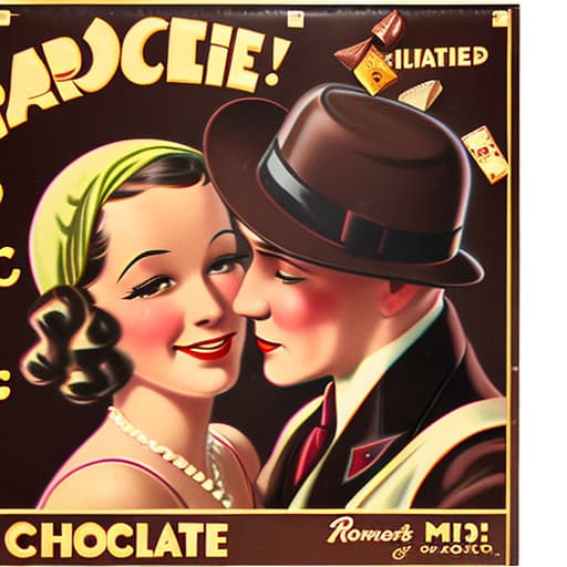  Vintage 1930’s chocolate advertising posters with a romantic couple. Foreground, pieces of fine dark chocolate in candy cups