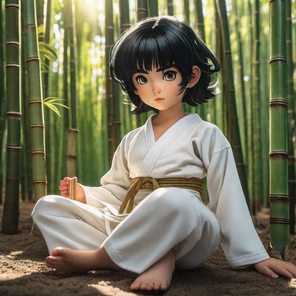  A black haired child wearing a white karate uniform sits on the ground among bamboo sticks., anime concept art by Hayao Miyazaki, featured on pixiv, fantasy art, concept art, official art, high detailed hyperrealistic, full body, detailed clothing, highly detailed, cinematic lighting, stunningly beautiful, intricate, sharp focus, f/1. 8, 85mm, (centered image composition), (professionally color graded), ((bright soft diffused light)), volumetric fog, trending on instagram, trending on tumblr, HDR 4K, 8K