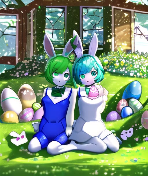  Two rabbits are sitting next to Easter eggs and one has a blue and green face