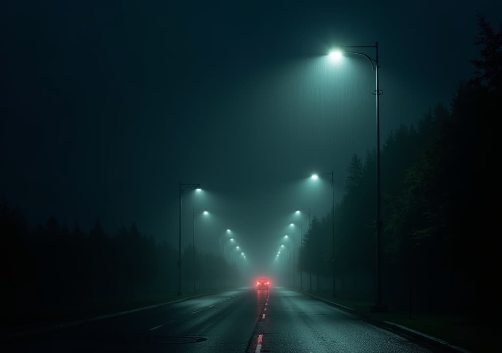  good quality, high quality, gloomy night,rain and very dim street lights, very pale and weak colors, and a depressing atmosphere