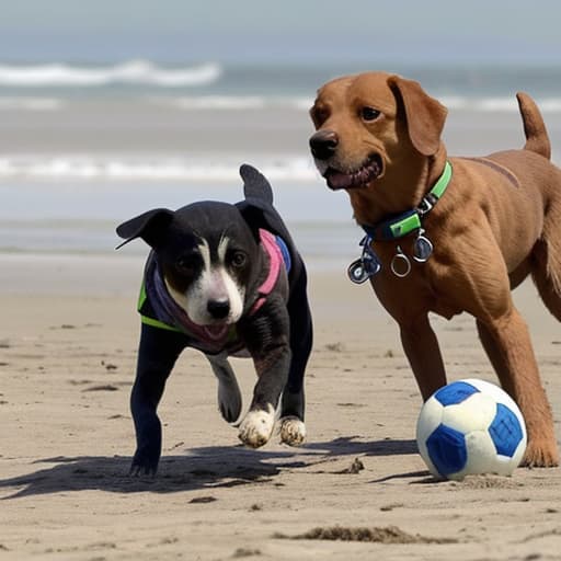  dos cachorros de perro de raza san bernando jugando en la playa con un balón de fútbol,mientra una chica corre detrás de ellos con un collar de perro. Imagen graciosa.