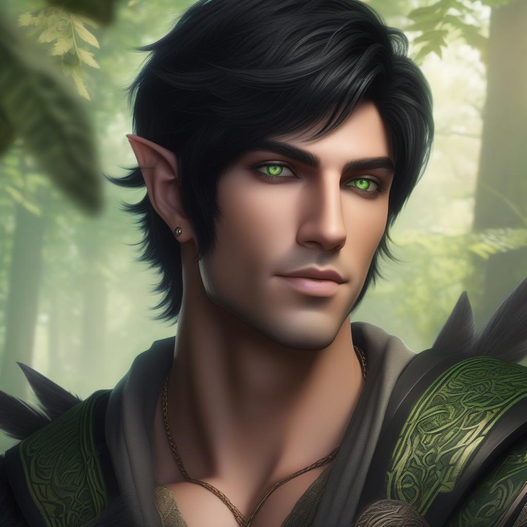  half-elf, male, short black hair, green eyes, tattoos, toned build, ((masterpiece)), best quality, very detailed, high resolution, sharp, sharp image, extremely detailed, 4k, 8k