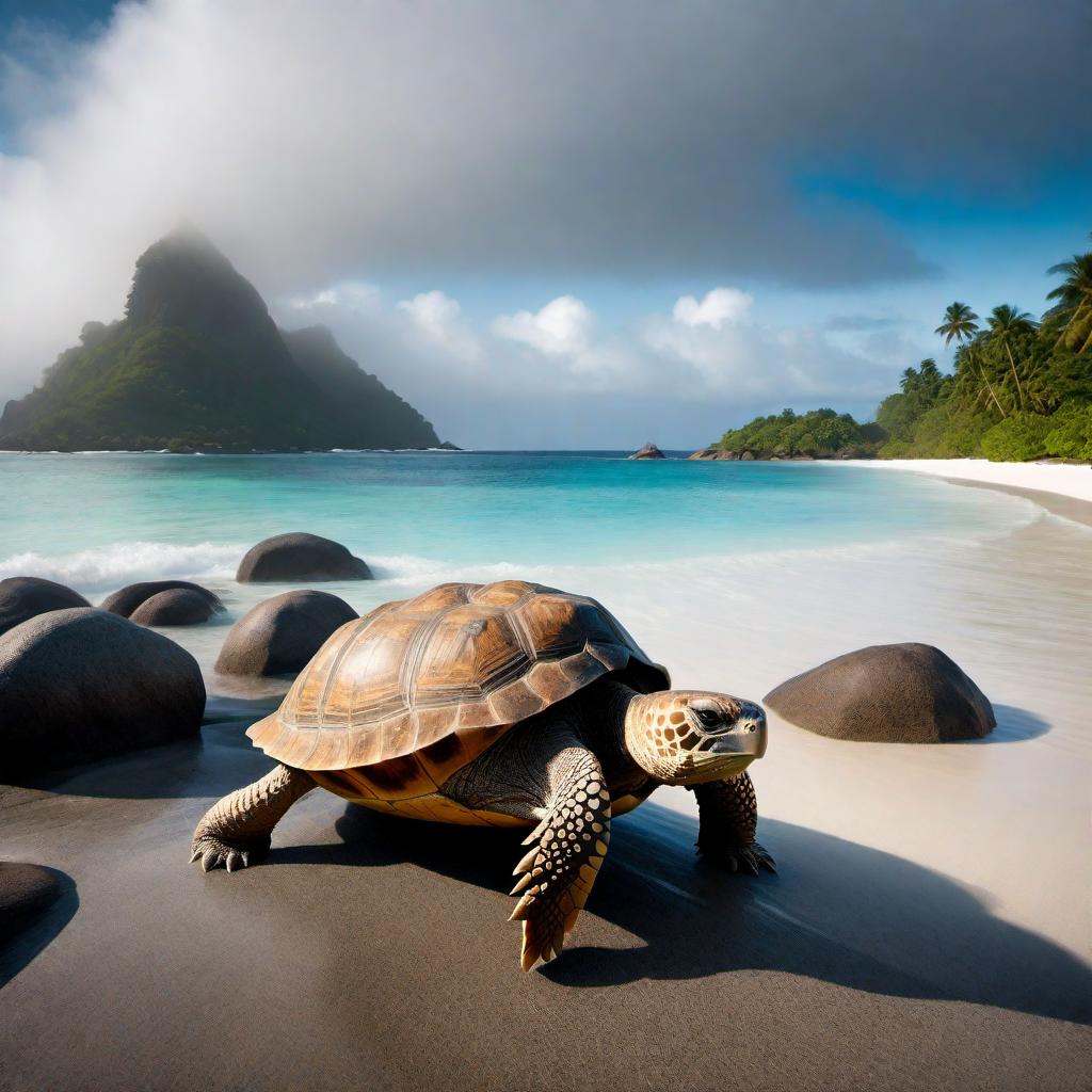  Create an abstract style image of Seychelles island in multiple colors, featuring coco de mer and land tortoise. hyperrealistic, full body, detailed clothing, highly detailed, cinematic lighting, stunningly beautiful, intricate, sharp focus, f/1. 8, 85mm, (centered image composition), (professionally color graded), ((bright soft diffused light)), volumetric fog, trending on instagram, trending on tumblr, HDR 4K, 8K