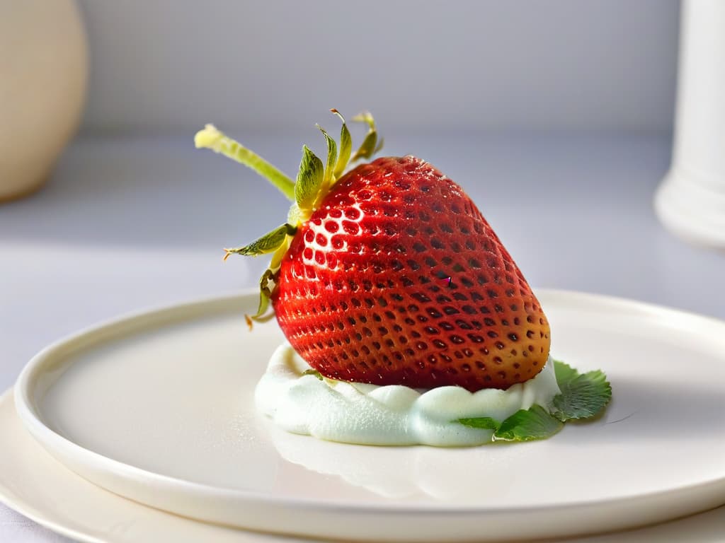  A closeup, ultradetailed image of a single ripe, vibrant red strawberry with dew drops glistening under the sunlight, placed on a simple, elegant white porcelain plate. The strawberry is perfectly plump and glossy, showcasing its natural beauty and freshness. The minimalistic style highlights the intricate details of the strawberry, capturing the essence of highquality, ethically sourced ingredients in the context of fair trade and ethical baking practices. hyperrealistic, full body, detailed clothing, highly detailed, cinematic lighting, stunningly beautiful, intricate, sharp focus, f/1. 8, 85mm, (centered image composition), (professionally color graded), ((bright soft diffused light)), volumetric fog, trending on instagram, trending on tumblr, HDR 4K, 8K