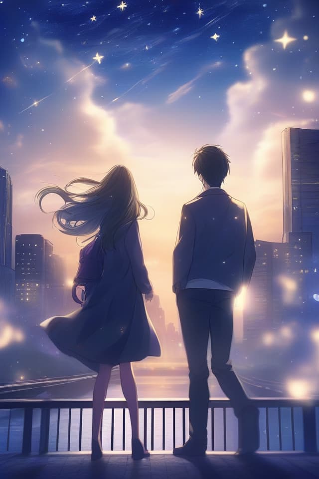  The background is in the city, the sky is a starry sky, two men and women, a smile, a long haired woman