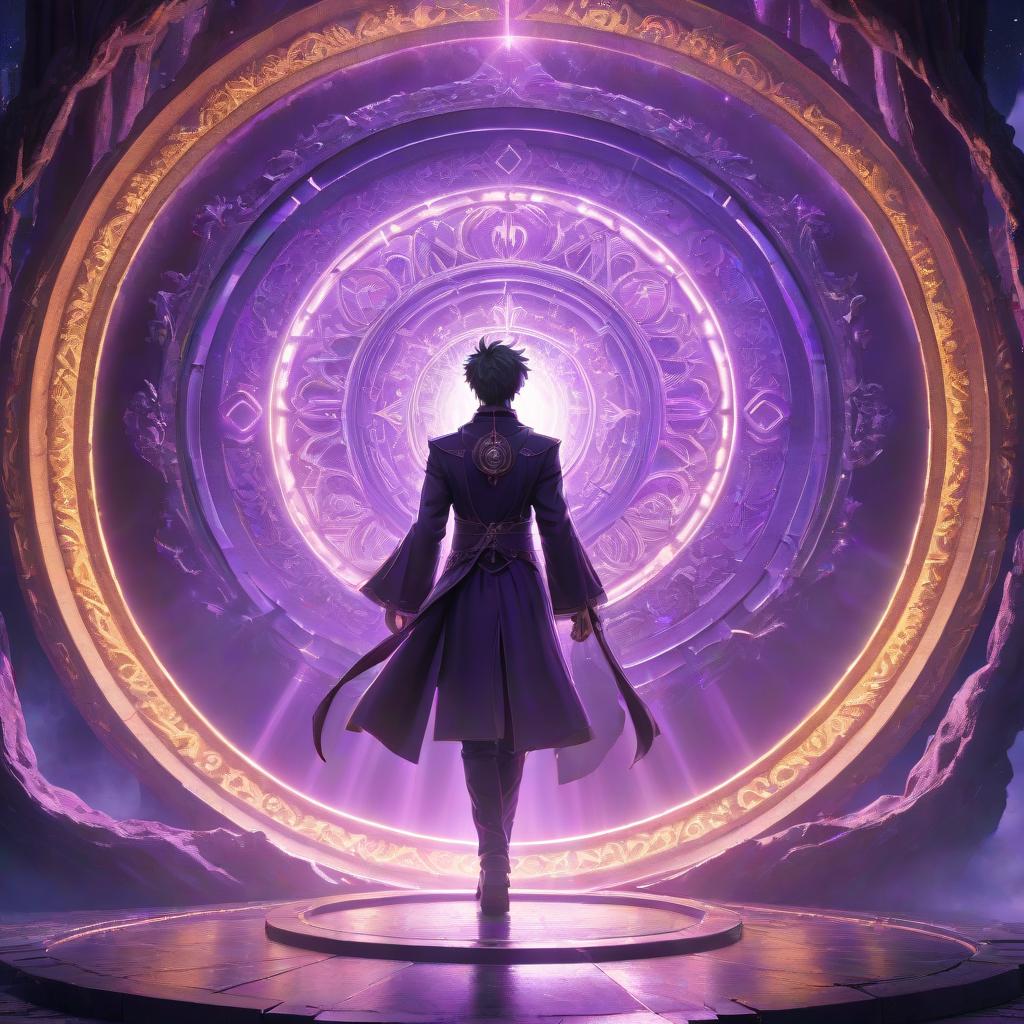  anime artwork The magician stands before a huge magical portal that shines with a bright purple light. . anime style, key visual, vibrant, studio anime, highly detailed hyperrealistic, full body, detailed clothing, highly detailed, cinematic lighting, stunningly beautiful, intricate, sharp focus, f/1. 8, 85mm, (centered image composition), (professionally color graded), ((bright soft diffused light)), volumetric fog, trending on instagram, trending on tumblr, HDR 4K, 8K