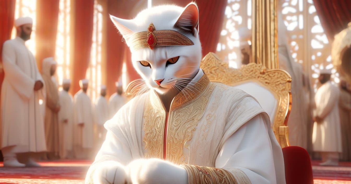  Humanoid Cat Sheikh. in white attire.. golden room. caliphs. red curtains. cinematics. ultra realism. 3D. perfect composition. perfect lighting. perfect contrast. high detailization. hyperrealistic, full body, detailed clothing, highly detailed, cinematic lighting, stunningly beautiful, intricate, sharp focus, f/1. 8, 85mm, (centered image composition), (professionally color graded), ((bright soft diffused light)), volumetric fog, trending on instagram, trending on tumblr, HDR 4K, 8K