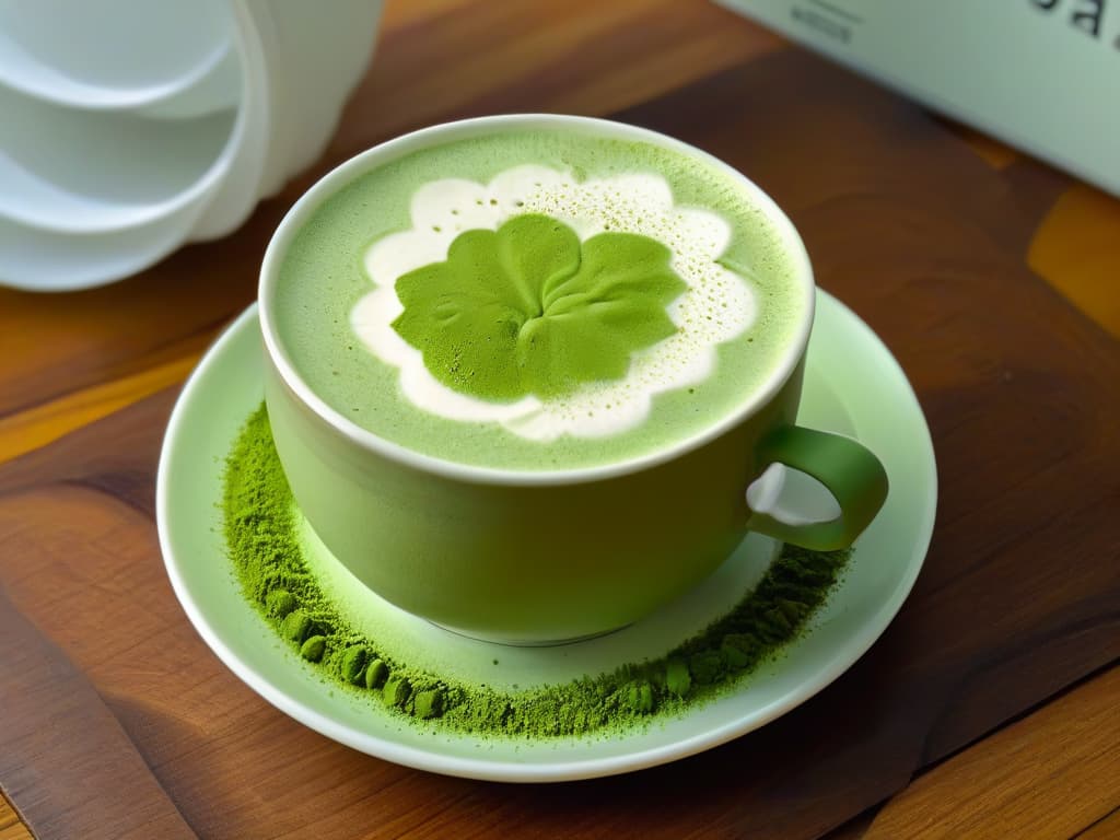  An ultradetailed image of a perfectly smooth and velvety matcha green tea latte in a minimalist white ceramic cup, with a delicate frothy foam on top, garnished with a sprinkle of vibrant green matcha powder forming a beautifully intricate pattern on the surface. The background is a soft pastelcolored wooden table, enhancing the elegant simplicity and premium quality of the matcha drink. hyperrealistic, full body, detailed clothing, highly detailed, cinematic lighting, stunningly beautiful, intricate, sharp focus, f/1. 8, 85mm, (centered image composition), (professionally color graded), ((bright soft diffused light)), volumetric fog, trending on instagram, trending on tumblr, HDR 4K, 8K