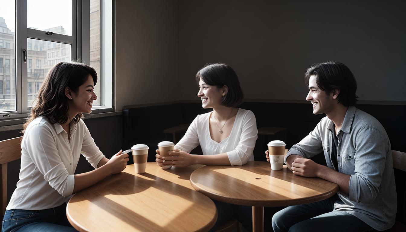  digital illustration, one man and one woman enjoying coffee together, animated conversation, sunlit café, feeling of openness and connection, looking at viewer, dynamic pose, (intricate details, masterpiece, best quality)