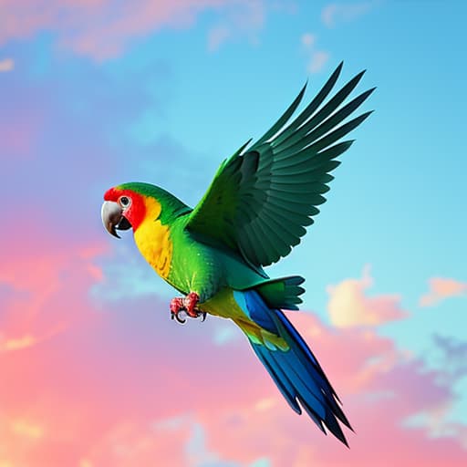  A parrot flying in the amazon rainforest, other parrots watching amazingly at the flying parrot, the sky is pink., hyperrealistic, high quality, highly detailed, cinematic lighting, intricate, sharp focus, f/1. 8, 85mm, (centered image composition), (professionally color graded), ((bright soft diffused light)), volumetric fog, trending on instagram, HDR 4K, 8K