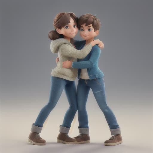  Two friends hugging, 3D Style, rendering hyperrealistic, full body, detailed clothing, highly detailed, cinematic lighting, stunningly beautiful, intricate, sharp focus, f/1. 8, 85mm, (centered image composition), (professionally color graded), ((bright soft diffused light)), volumetric fog, trending on instagram, trending on tumblr, HDR 4K, 8K