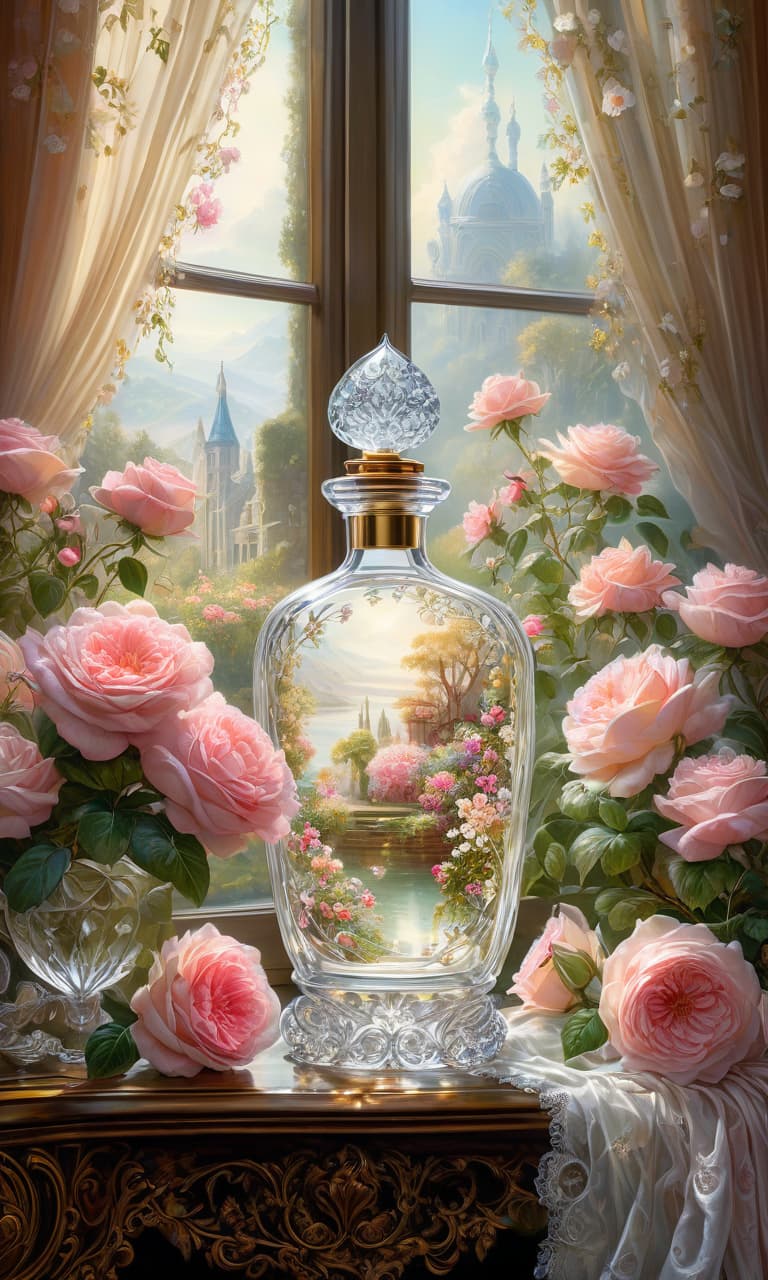  Oil painting. Surreal digital image. Perfume in elegant crystal bottle (patterns on glass) on windowsill by (open: 1,7) window with sheer curtains, book. Intricate floral decoration::: white very small roses on the bottle and on the textile, sequins, floral patterns, ornaments. Open window overlooking a garden with blooming rose bushes. Background:: surreal abstractionism with elements of a magnificent flowering garden. Hyper detailing, intricacy. Fantasy, creativity. Harmony of white and pink shades. Exquisite rocaille and fantasy surrealism. Decorative excesses. Josephine Wall. Fragonard and Antoine Watteau. Sabbas Aptheros, Alfonso Mucha, Andrew Jones. High detail. High contrast. High quality. HDR. hyperrealistic, full body, detailed clothing, highly detailed, cinematic lighting, stunningly beautiful, intricate, sharp focus, f/1. 8, 85mm, (centered image composition), (professionally color graded), ((bright soft diffused light)), volumetric fog, trending on instagram, trending on tumblr, HDR 4K, 8K