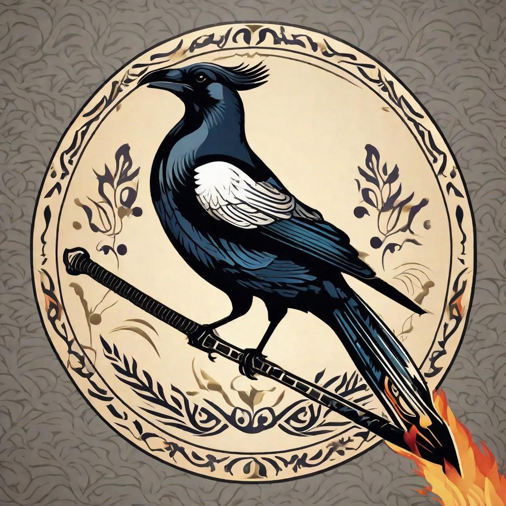  masterpiece, best quality, The magpie bird logo has a gadiator feel holding a sword with a fire background