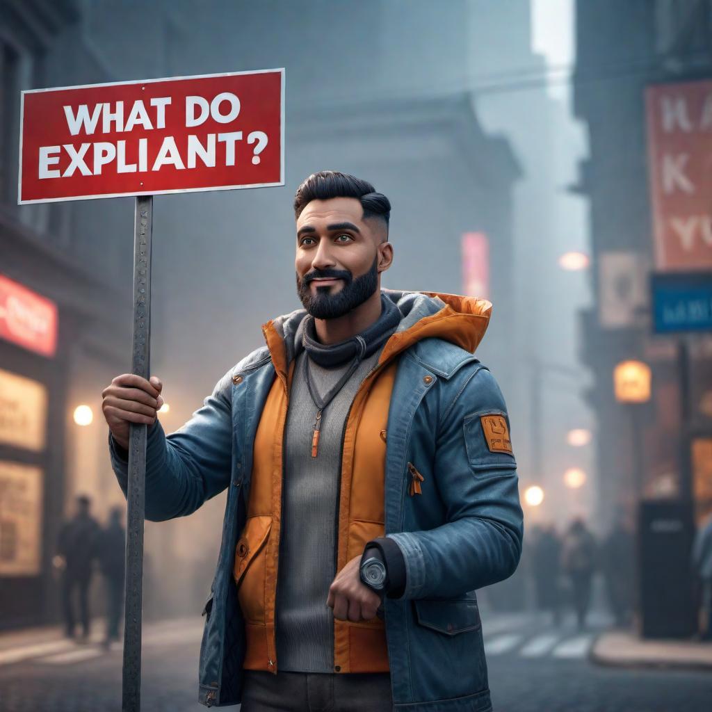  A friendly cartoon character holding a sign with the text 'What do you want explained?' hyperrealistic, full body, detailed clothing, highly detailed, cinematic lighting, stunningly beautiful, intricate, sharp focus, f/1. 8, 85mm, (centered image composition), (professionally color graded), ((bright soft diffused light)), volumetric fog, trending on instagram, trending on tumblr, HDR 4K, 8K