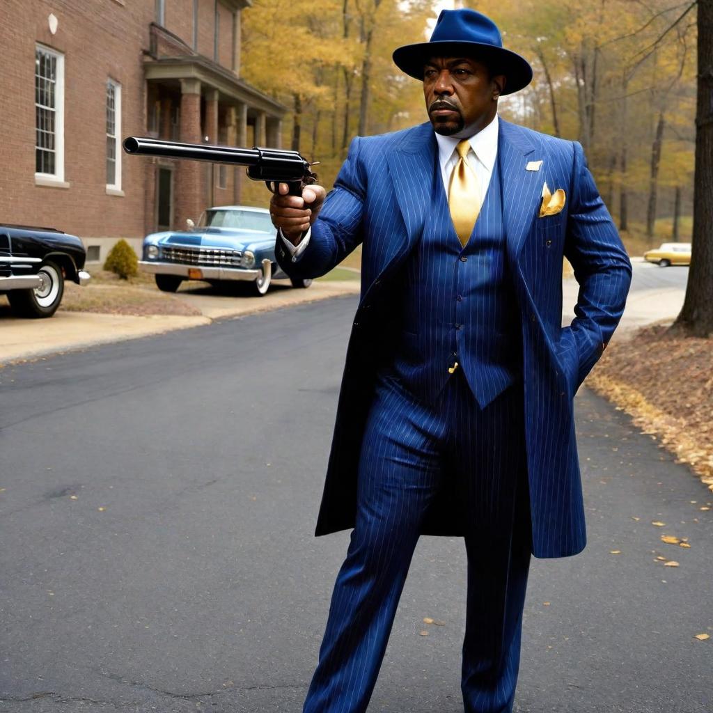  Create an image of an African-American mafia boss with the same face as the individual in the provided image. He should be wearing a blue and gold pinstripe suit, a matching blue and gold pinstripe fedora, and gold shoes. In his hand, he should be holding a blue steel custom sawed-off double barrel 12-gauge shotgun, held at his side. hyperrealistic, full body, detailed clothing, highly detailed, cinematic lighting, stunningly beautiful, intricate, sharp focus, f/1. 8, 85mm, (centered image composition), (professionally color graded), ((bright soft diffused light)), volumetric fog, trending on instagram, trending on tumblr, HDR 4K, 8K