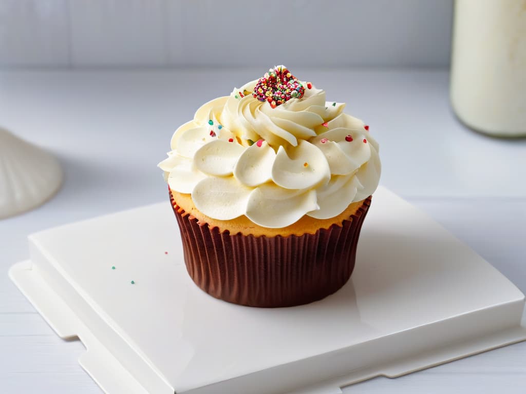  A closeup, ultradetailed image of a beautifully decorated cupcake with vibrant sprinkles and delicate frosting swirls on top, set against a clean, white background. The frosting is artfully piped with precision, showcasing intricate details and a glossy finish that reflects light subtly. The colors are rich and inviting, creating a visually striking contrast against the minimalist backdrop. hyperrealistic, full body, detailed clothing, highly detailed, cinematic lighting, stunningly beautiful, intricate, sharp focus, f/1. 8, 85mm, (centered image composition), (professionally color graded), ((bright soft diffused light)), volumetric fog, trending on instagram, trending on tumblr, HDR 4K, 8K