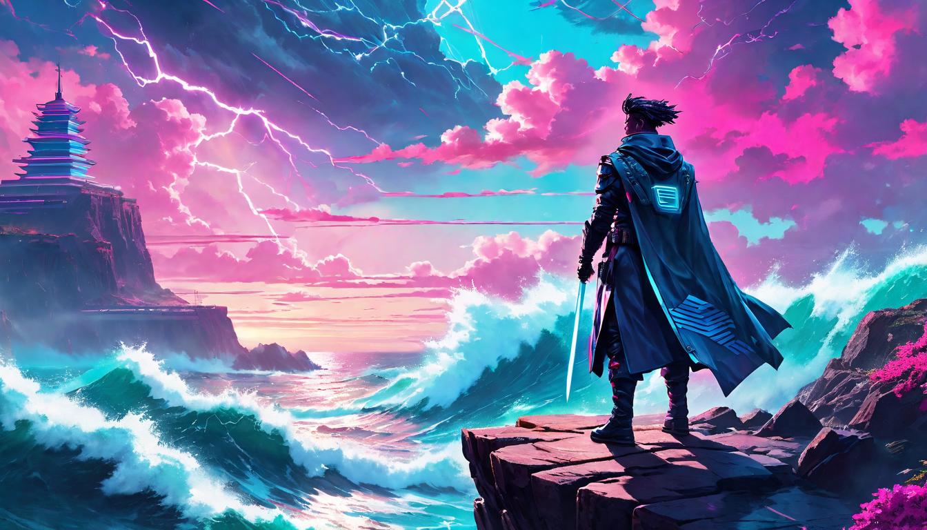  vaporwave,cyberpunk game style Figure standing firm on a cliff’s edge, facing a stormy sea, cloak billowing in the wind, defiance against the elements, solitude in conviction, the determination of a lone sentinel, unshakable resolve, elements in turmoil, a stand against the tempest, emblem of audacityeon, dystopian, futuristic, digital, vibrant, detailed, high contrast, reminiscent of cyberpunk genre video games,retro aesthetic, cyberpunk, vibrant, neon colors, vintage 80s and 90s style, highly detailed