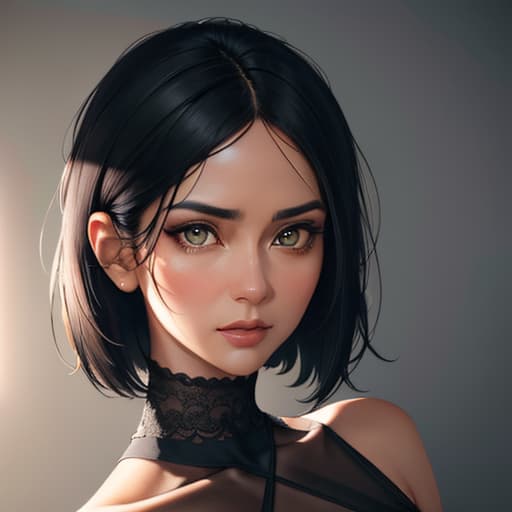  A detailed and realistic portrait of a woman with short black hair, wearing a black top. She has a calm and composed expression, with a neutral background featuring a textured wall. The lighting is soft, highlighting her facial features. The overall mood of the image is serene and introspective. hyperrealistic, full body, detailed clothing, highly detailed, cinematic lighting, stunningly beautiful, intricate, sharp focus, f/1. 8, 85mm, (centered image composition), (professionally color graded), ((bright soft diffused light)), volumetric fog, trending on instagram, trending on tumblr, HDR 4K, 8K