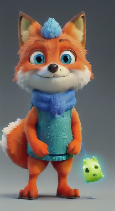  {Error the fox pressing the blue button with his paw, looking puzzled as nothing occurs., Error is a small, bright orange fox with a fluffy tail and big, inquisitive eyes. He has a mischievous yet kind expression and wears a tiny green scarf.