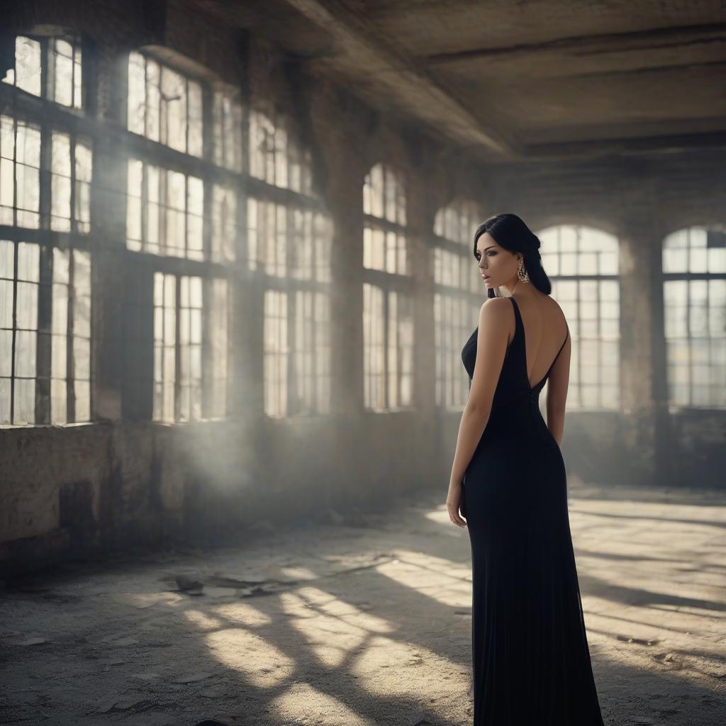  A sad beauty in a black dress in a derelict prison hyperrealistic, full body, detailed clothing, highly detailed, cinematic lighting, stunningly beautiful, intricate, sharp focus, f/1. 8, 85mm, (centered image composition), (professionally color graded), ((bright soft diffused light)), volumetric fog, trending on instagram, trending on tumblr, HDR 4K, 8K