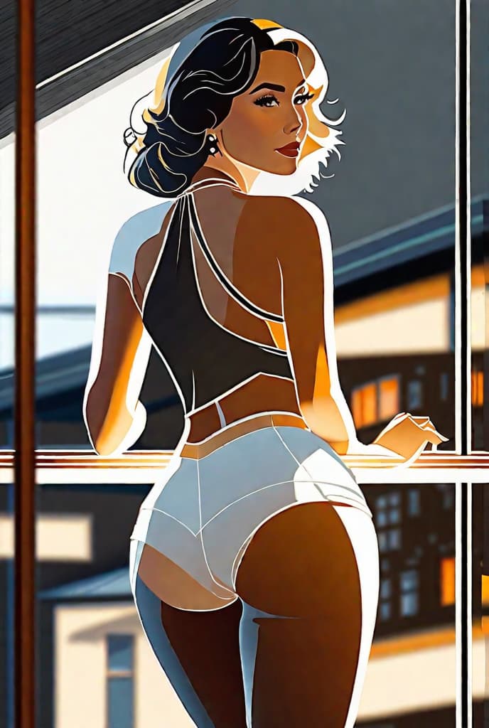  masterpiece, best quality, best quality, realistic portrait, female, delicate features,(middle hair 1.2), black shawl,(full body:1.5), see-through halter top, thin shorts, indoor, morning light, standing in front of window